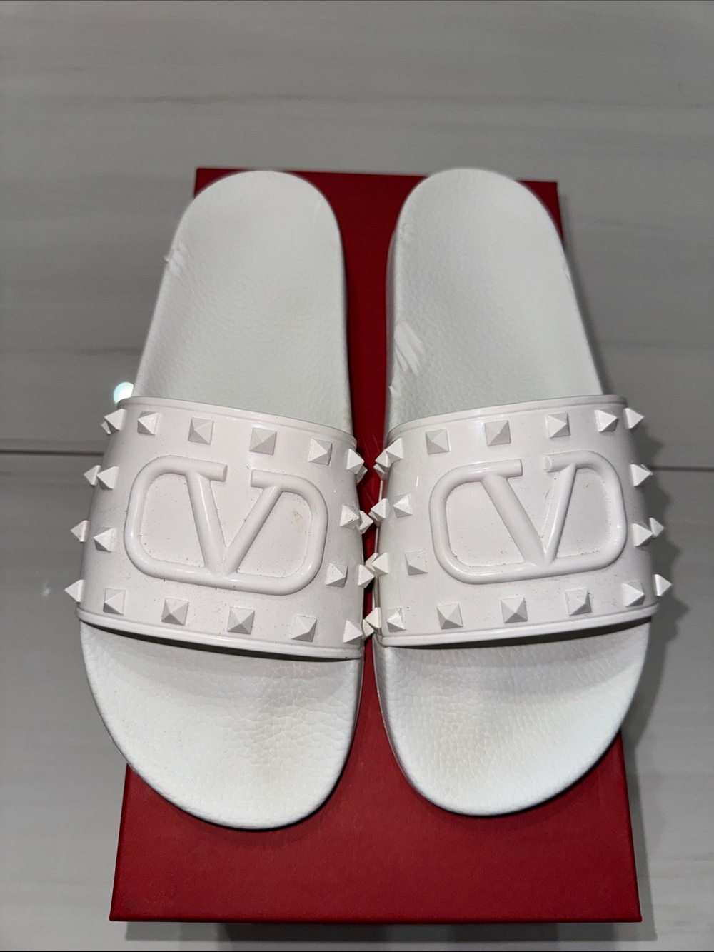 Valentino Garavani White Stud-Embellished Logo Slide Sandals